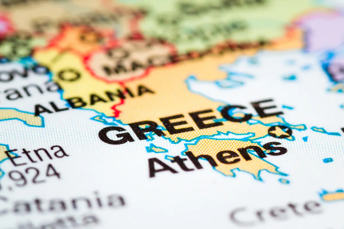Macro shot of Greece on a map