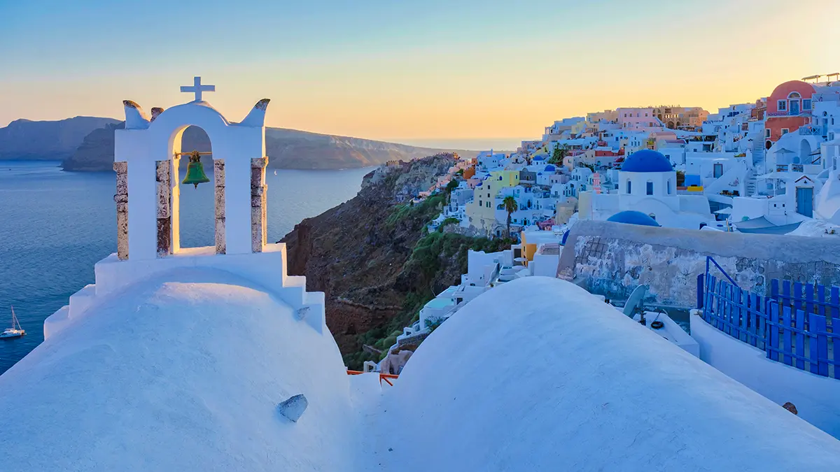 The traditional Greek village of Oia in Santorini in the evening during sunset
