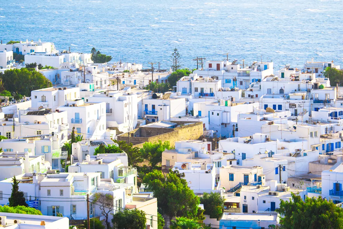 Top view of the old city and the sea on the island of Mykonos, Greece