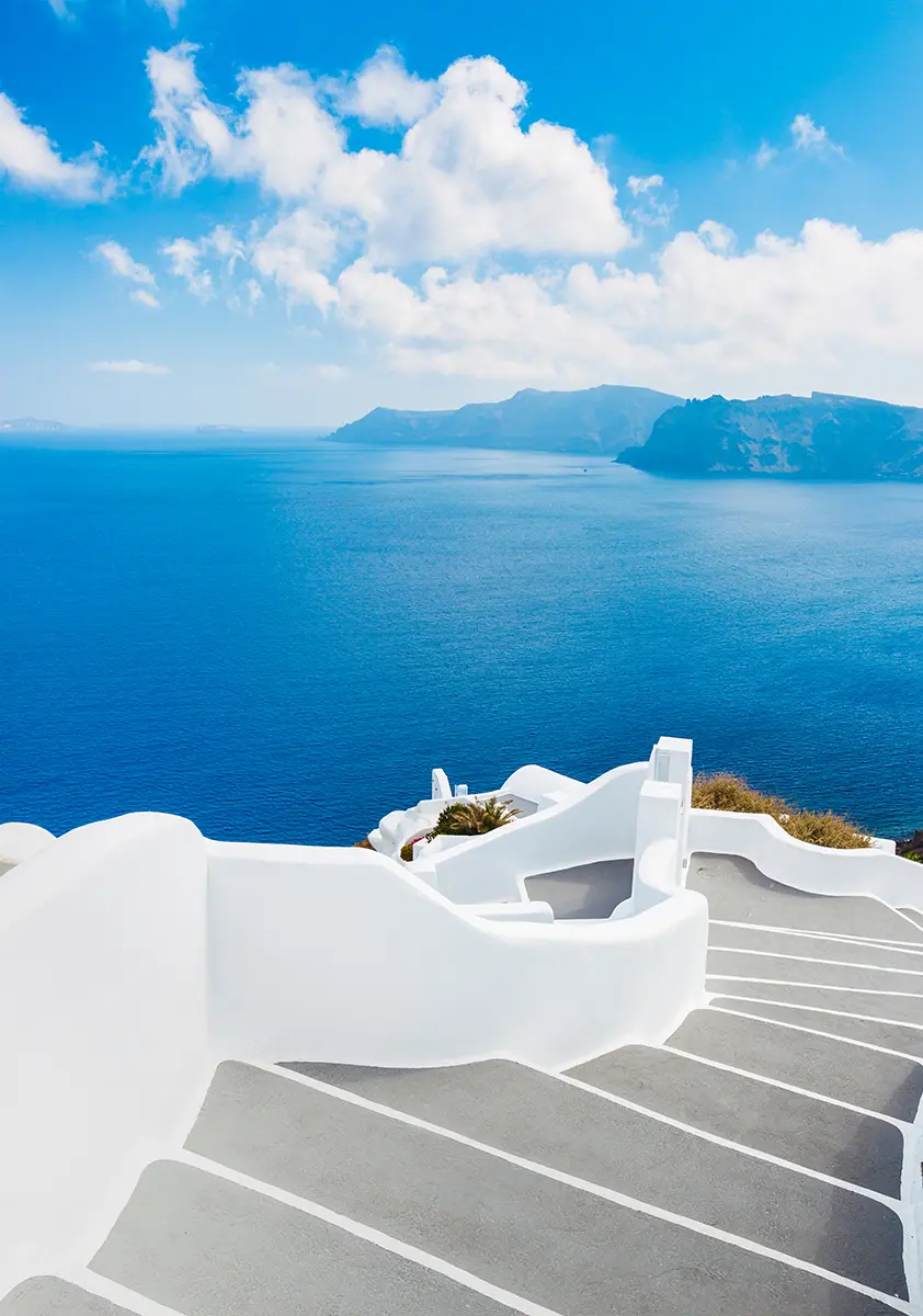 Santorini Island, Greece. Beautiful view of blue sea and traditional architecture